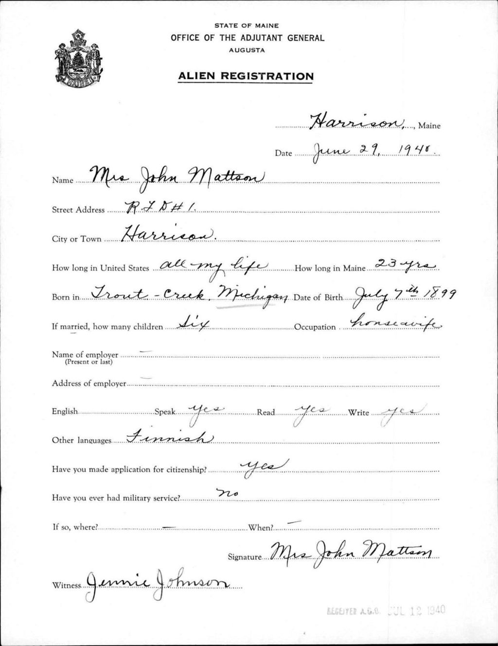 Miniature of Alien Registration- Mattson, John (Gorham, Cumberland County)
