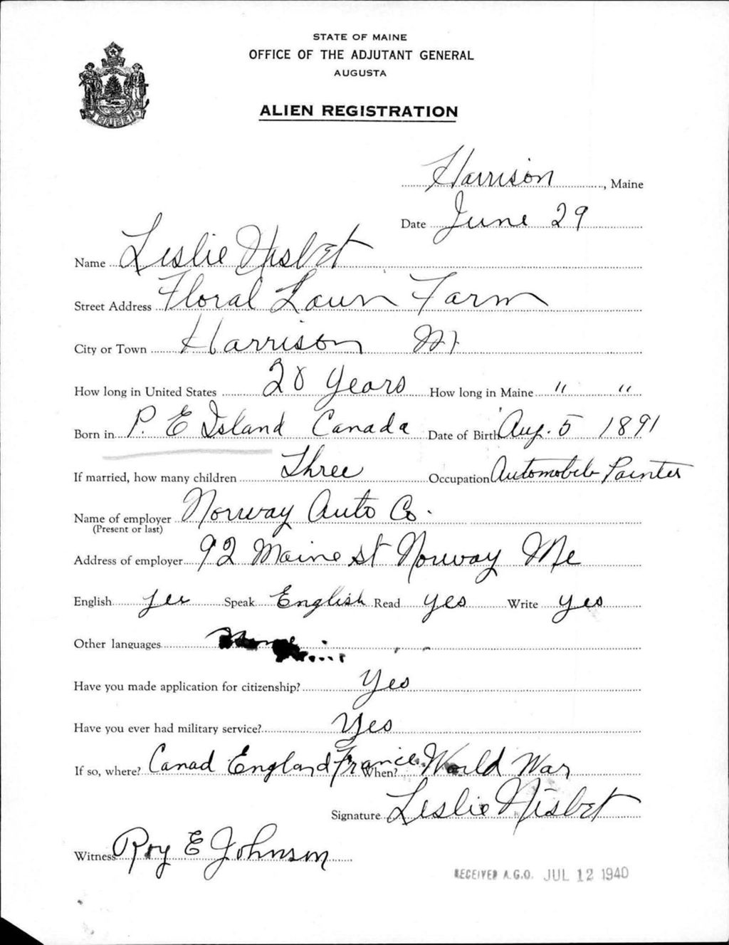 Miniature of Alien Registration- Nisbet, Leslie (Gorham, Cumberland County)