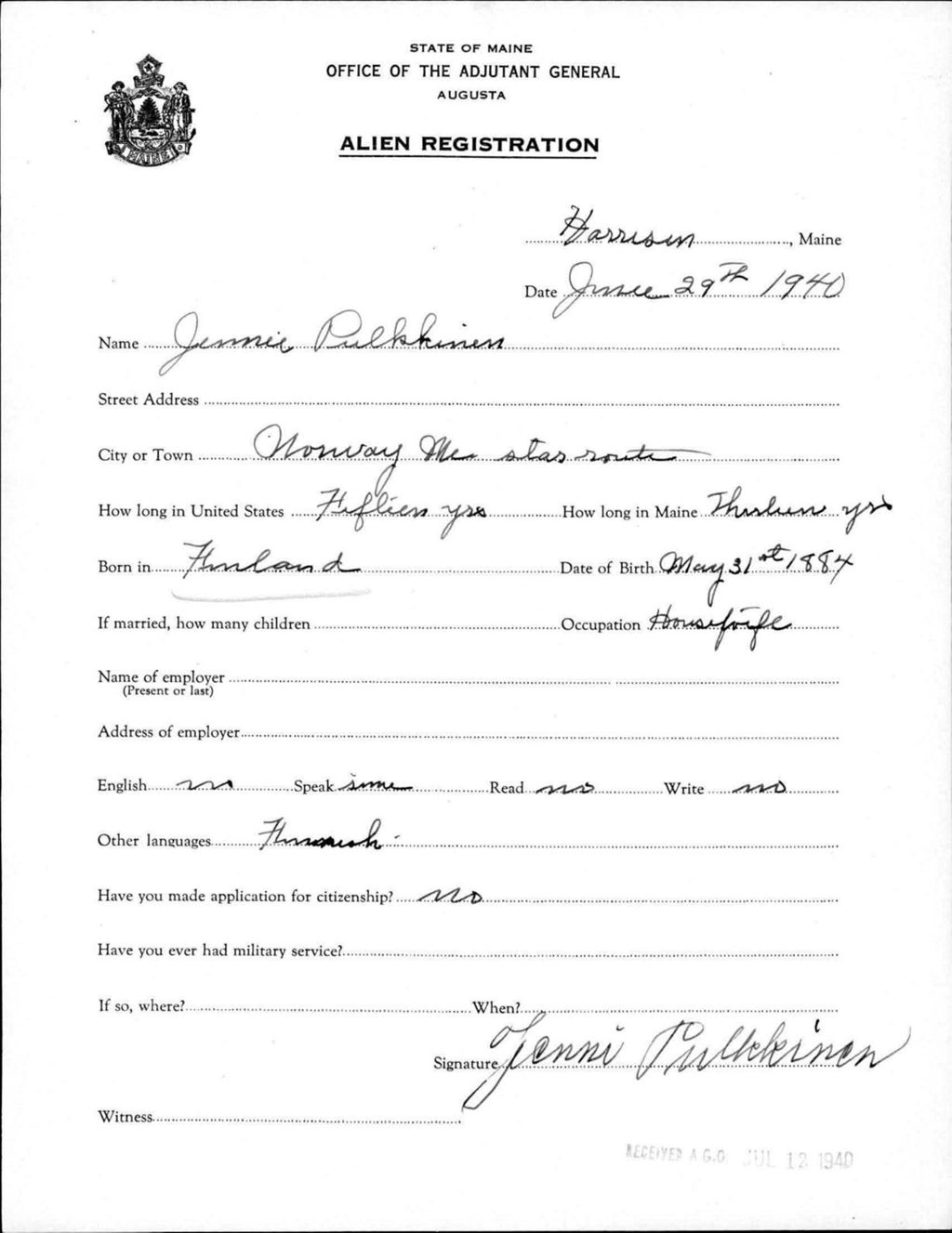 Miniature of Alien Registration- Pulkkinen, Jennie (Gorham, Cumberland County)