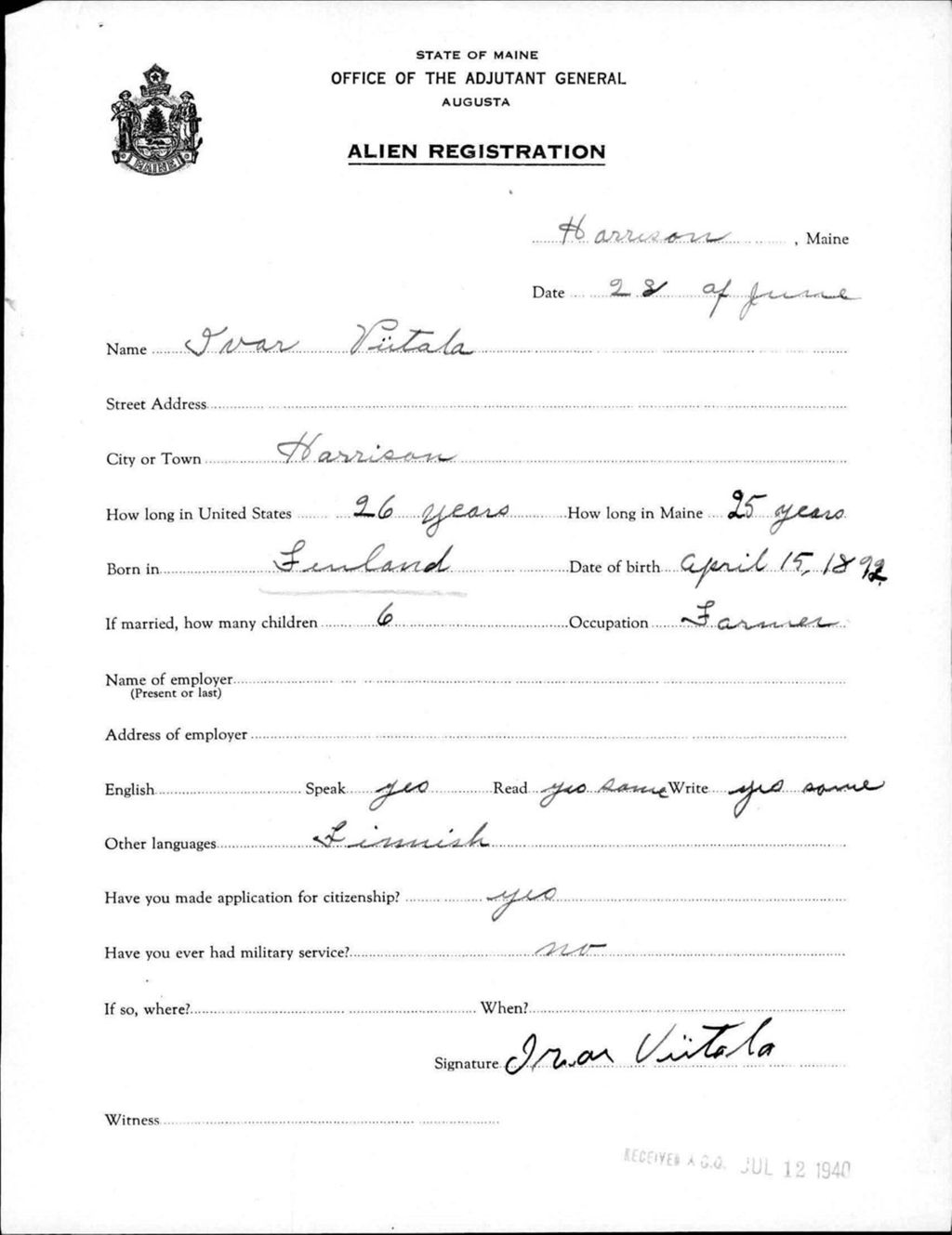 Miniature of Alien Registration- Viitala, Ivar (Gorham, Cumberland County)
