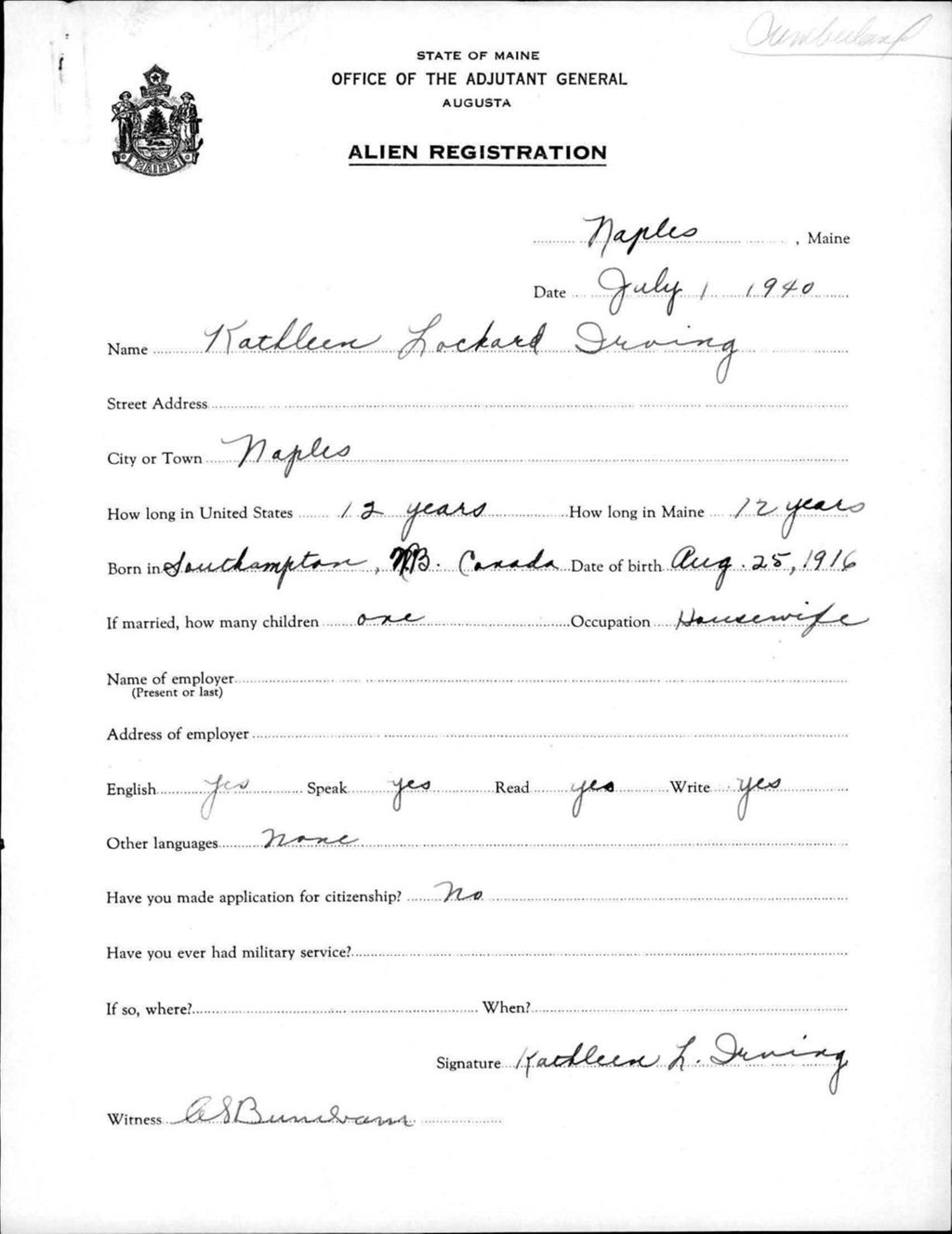 Miniature of Alien Registration- Lockard, Kathleen (Naples, Cumberland County)