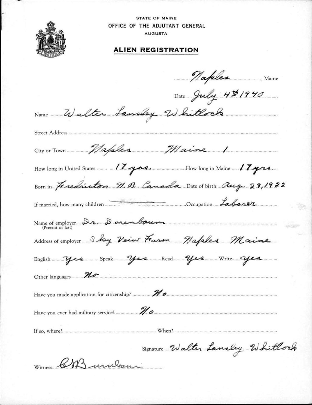 Miniature of Alien Registration- Whitlock, Walter L. (Gorham, Cumberland County)
