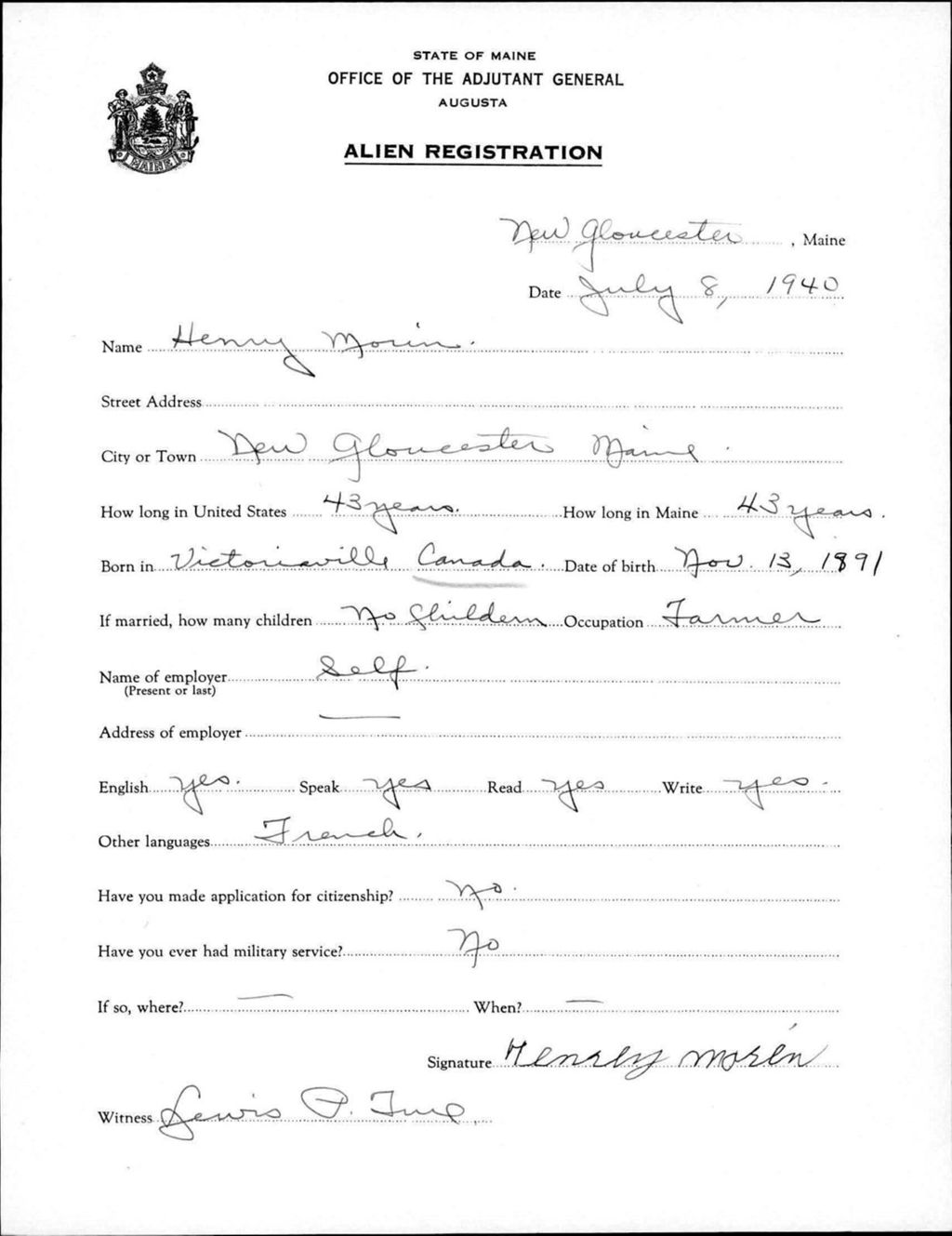 Miniature of Alien Registration- Morin, Henry (Gorham, Cumberland County)