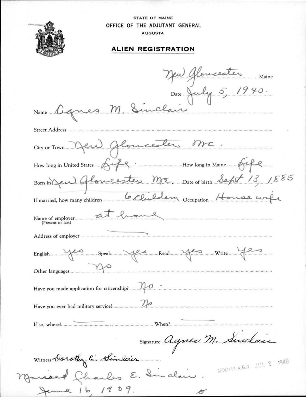 Miniature of Alien Registration- Sinclair, Agnes M. (Gorham, Cumberland County)