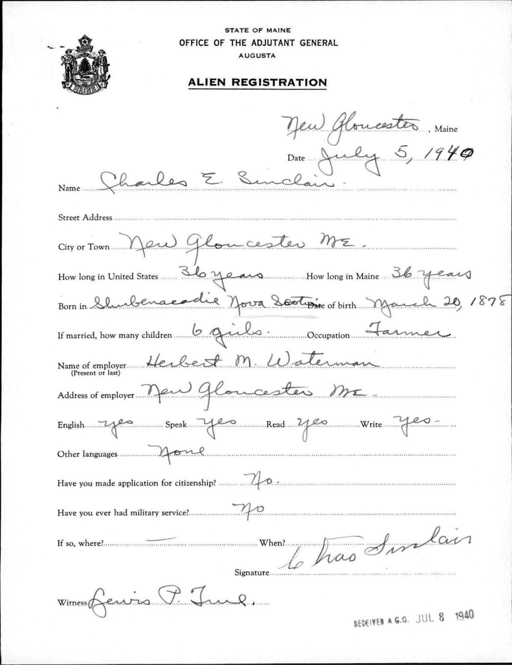 Miniature of Alien Registration- Sinclair, Charles E. (Gorham, Cumberland County)