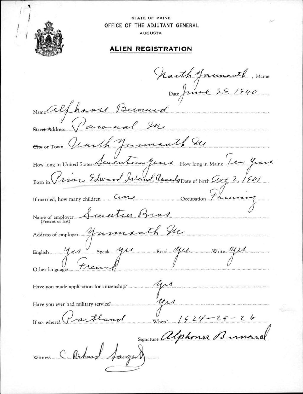 Miniature of Alien Registration- Bernard, Alphonse (North Yarmouth, Cumberland County)