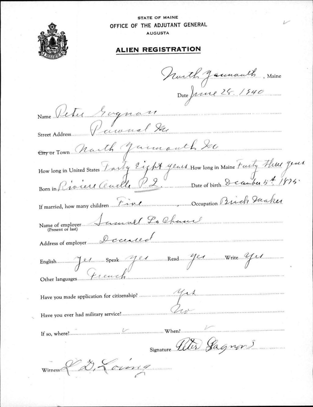 Miniature of Alien Registration- Gagnon, Peter (Gorham, Cumberland County)