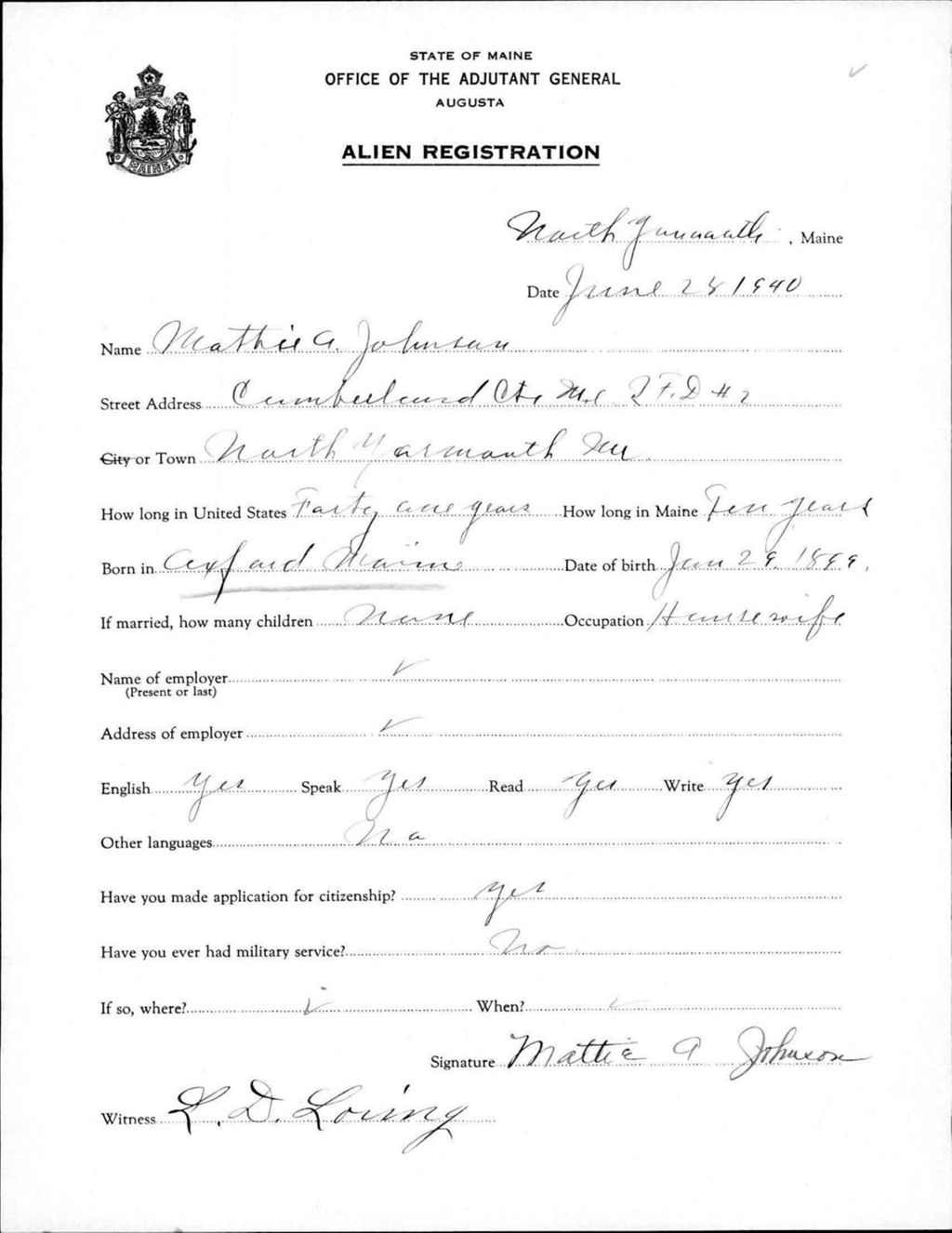 Miniature of Alien Registration- Johnson, Mattie A. (Gorham, Cumberland County)