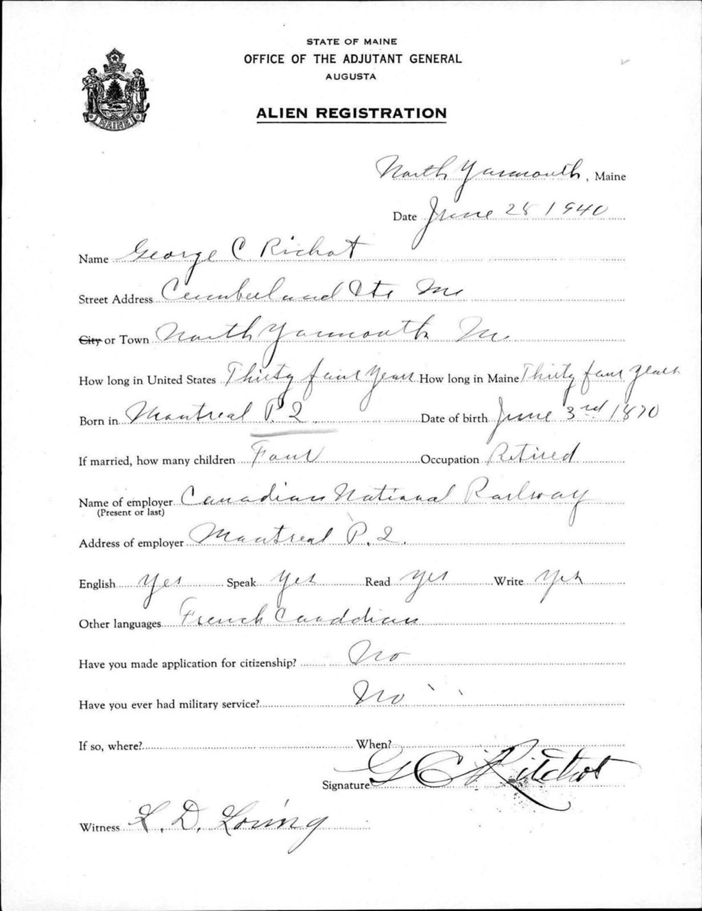 Miniature of Alien Registration- Richat, George C. (Gorham, Cumberland County)