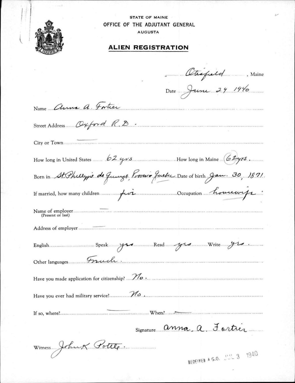 Miniature of Alien Registration- Fortier, Anna A. (Otisfield, Cumberland County)