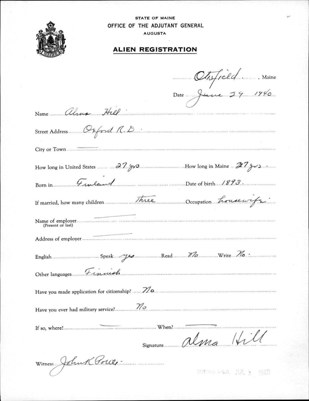 Miniature of Alien Registration- Hill, Alma (Gorham, Cumberland County)