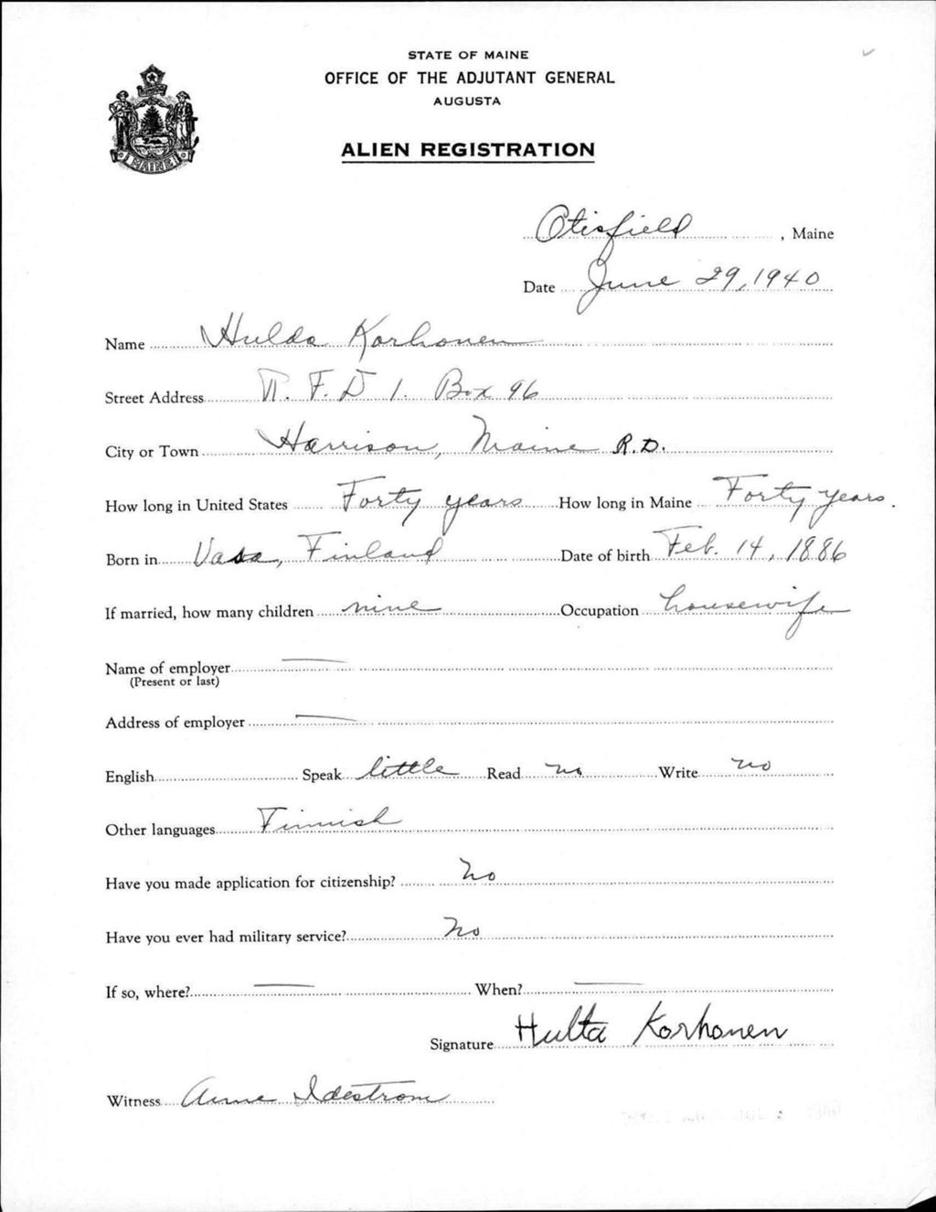Miniature of Alien Registration- Korhonen, Hulta (Gorham, Cumberland County)