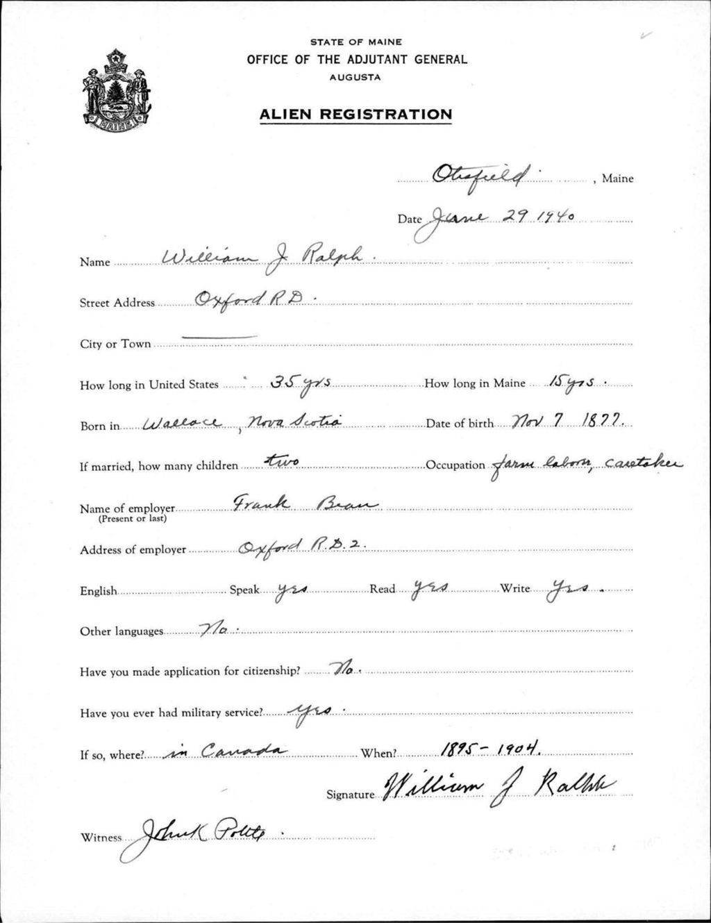 Miniature of Alien Registration- Ralph, William J. (Gorham, Cumberland County)