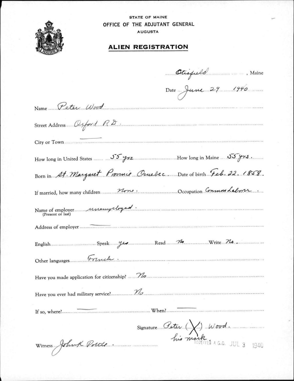 Miniature of Alien Registration- Wood, Peter (Gorham, Cumberland County)