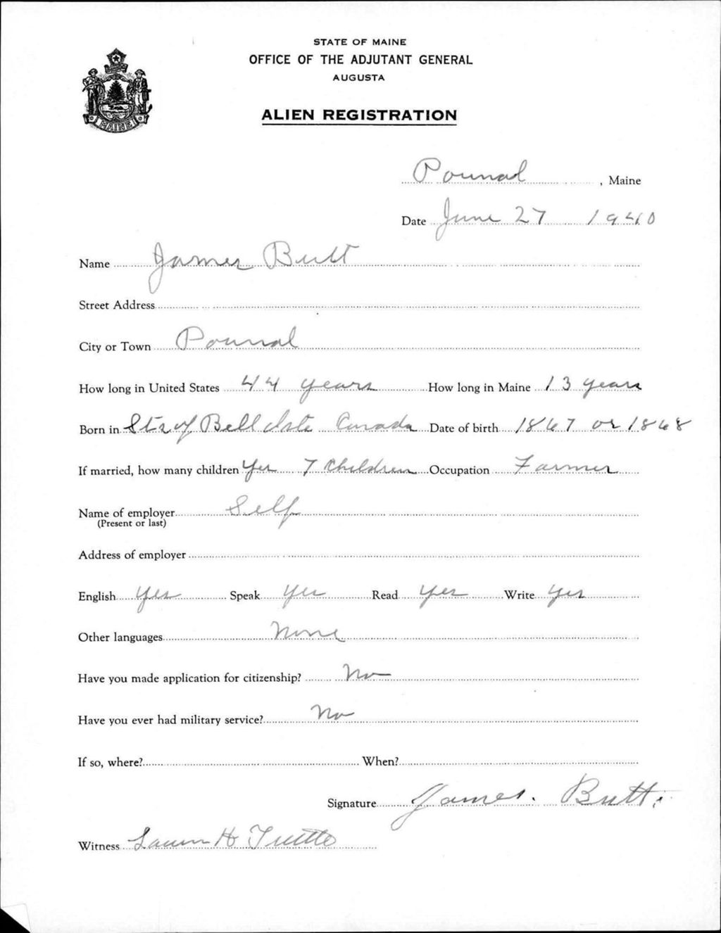 Miniature of Alien Registration- Butt, James (Gorham, Cumberland County)
