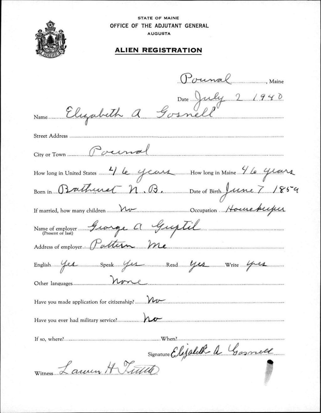Miniature of Alien Registration- Gosnell, Elizabeth A. (Gorham, Cumberland County)