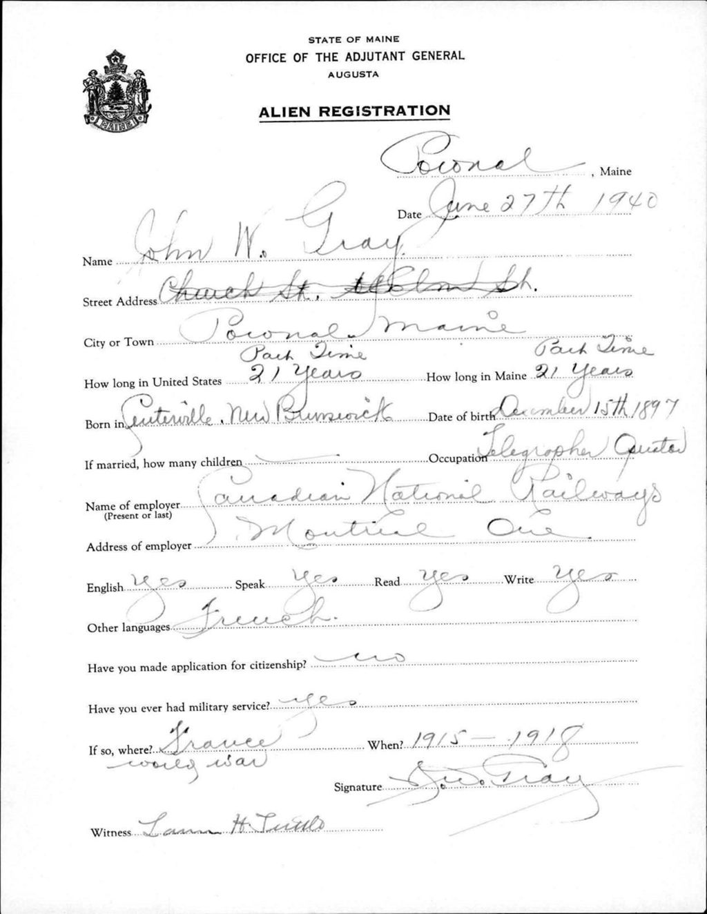 Miniature of Alien Registration- Gray, John W. (Gorham, Cumberland County)