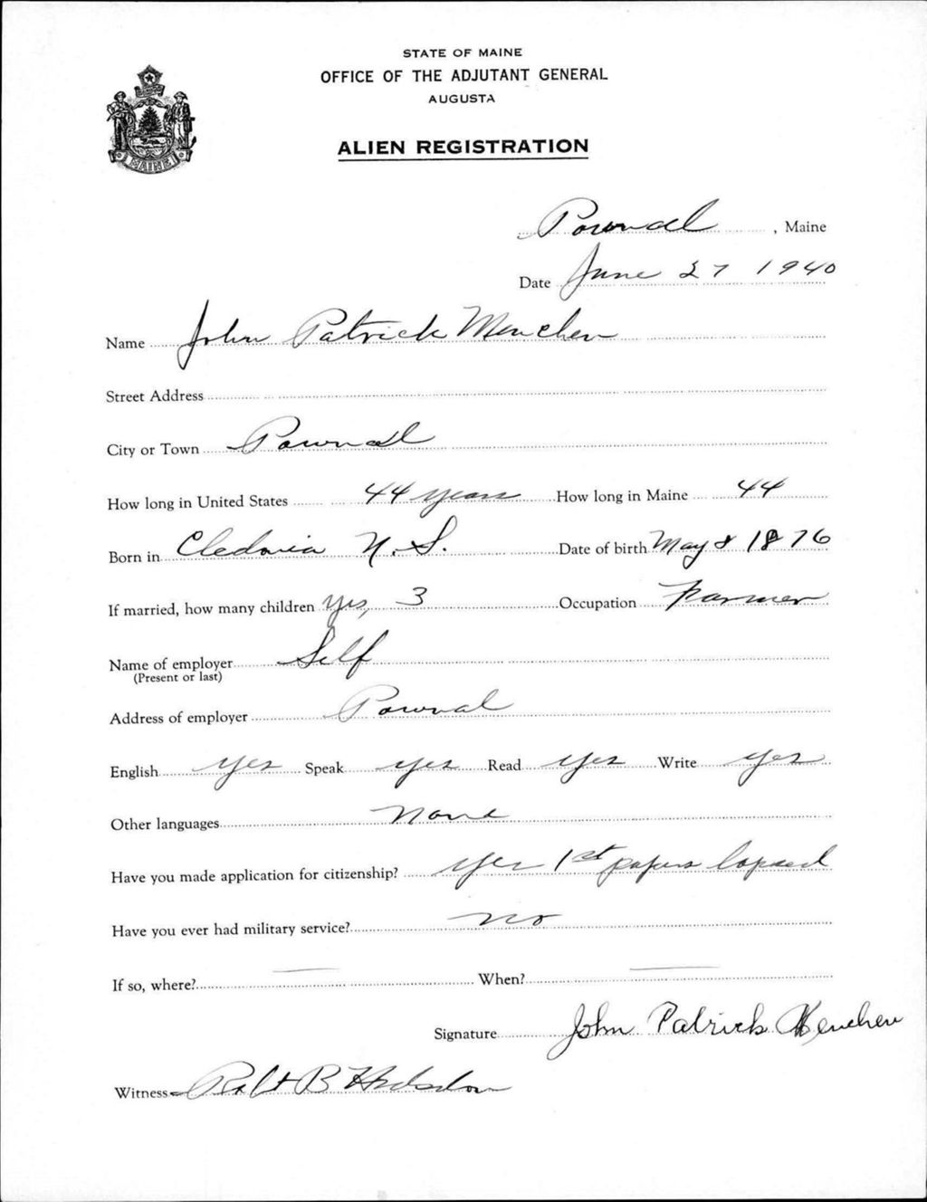 Miniature of Alien Registration- Menchen, John P. (Gorham, Cumberland County)