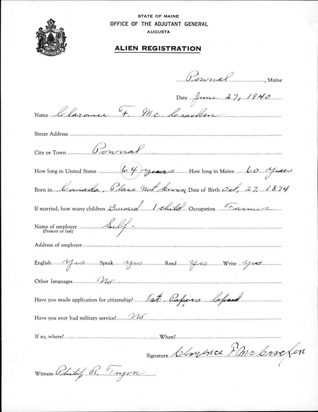 Miniature of Alien Registration- Mccracken, Clarence F. (Gorham, Cumberland County)