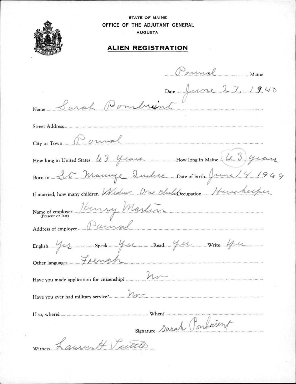 Miniature of Alien Registration- Pombrient, Sarah (Gorham, Cumberland County)