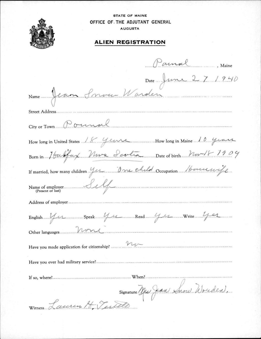 Miniature of Alien Registration- Warden, Jean S. (Gorham, Cumberland County)