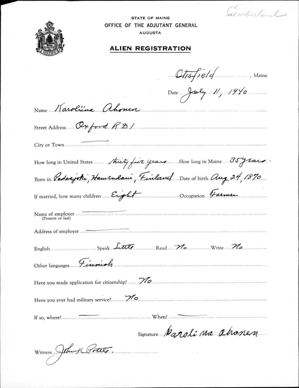 Miniature of Alien Registration- Ahonen, Karoliina (Otisfield, Cumberland County)