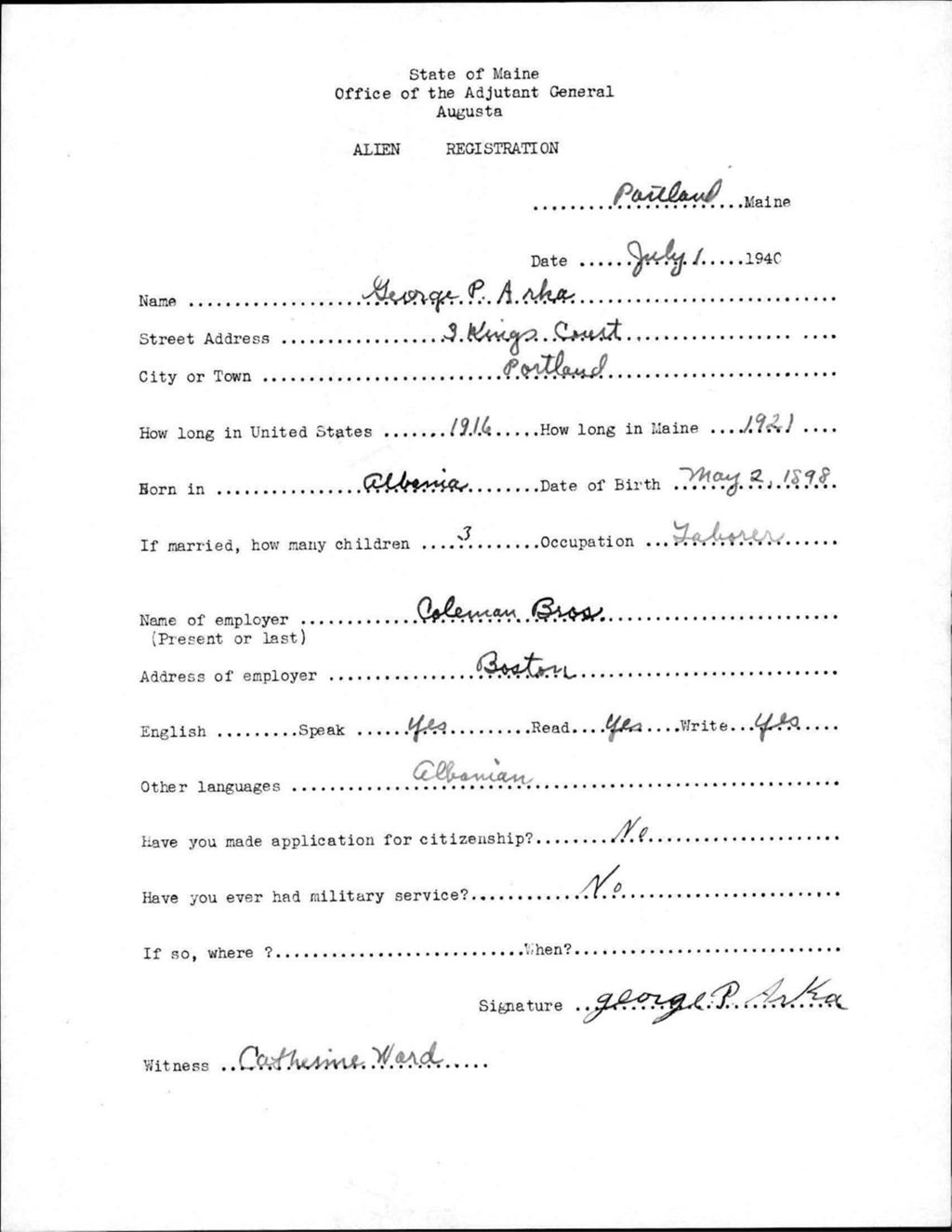 Miniature of Alien Registration- Arka, George P. (Portland, Cumberland County)