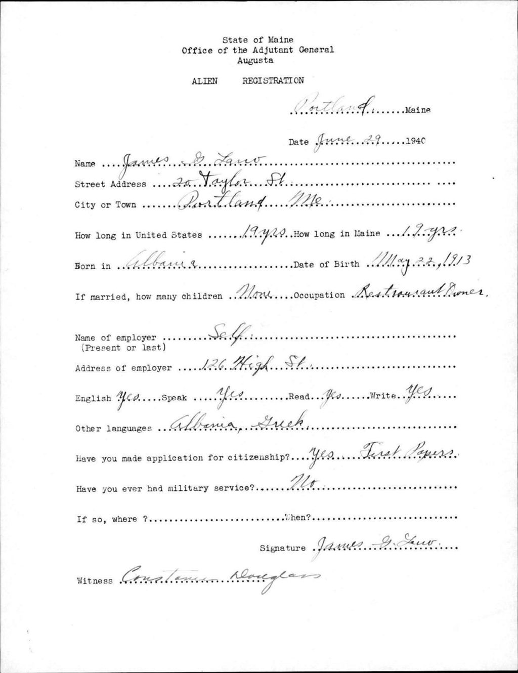 Miniature of Alien Registration- Lano, James G. (Portland, Cumberland County)