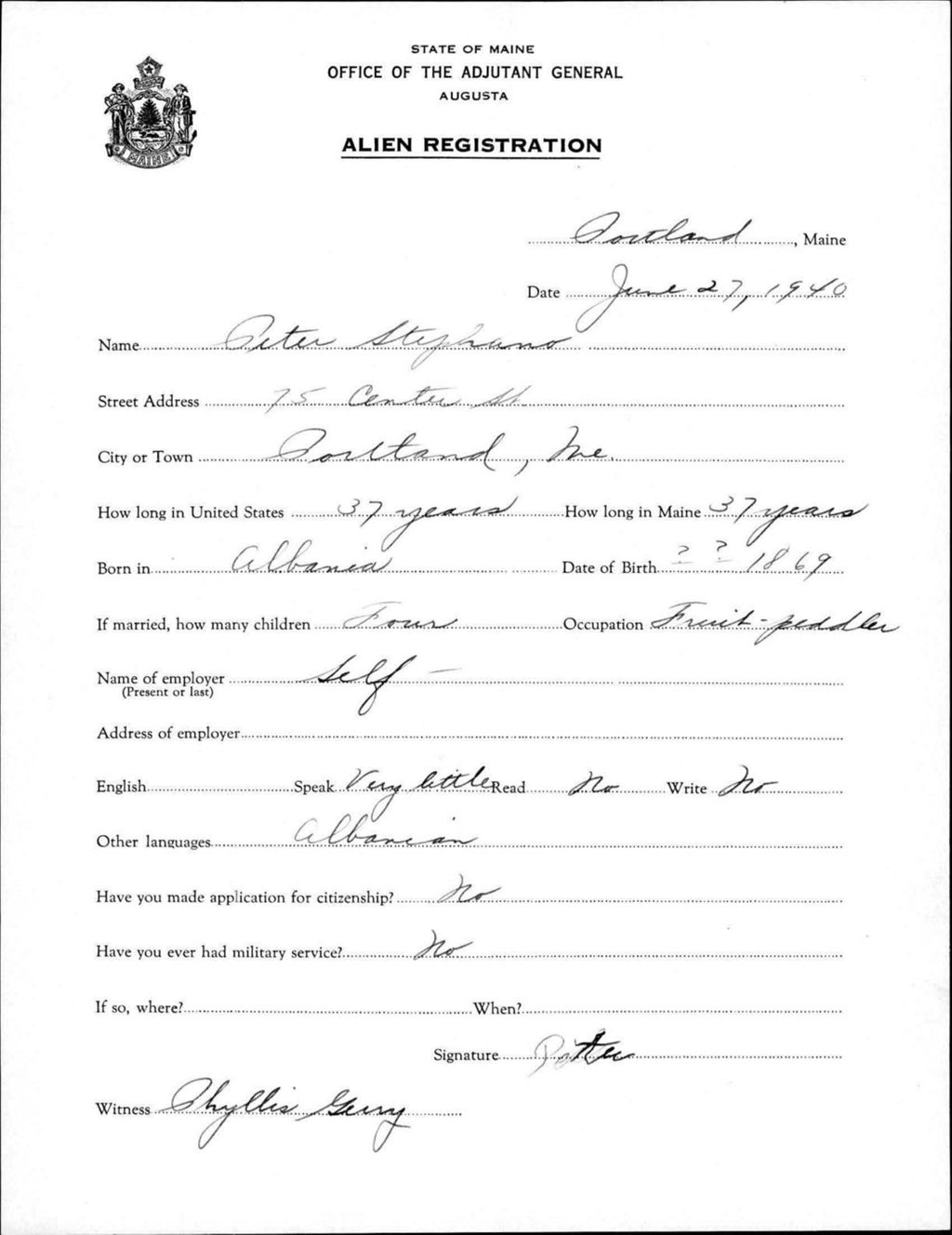 Miniature of Alien Registration- Stephano, Peter (Portland, Cumberland County)