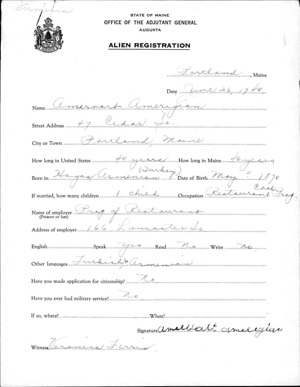 Miniature of Alien Registration- Amerigian, Amervart (Portland, Cumberland County)