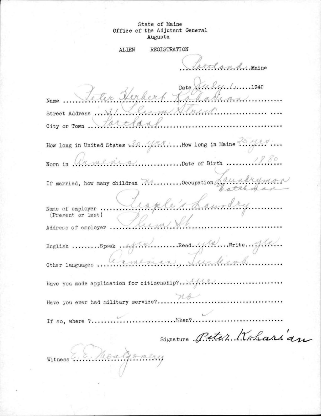 Miniature of Alien Registration- Koharian, Peter H. (Portland, Cumberland County)