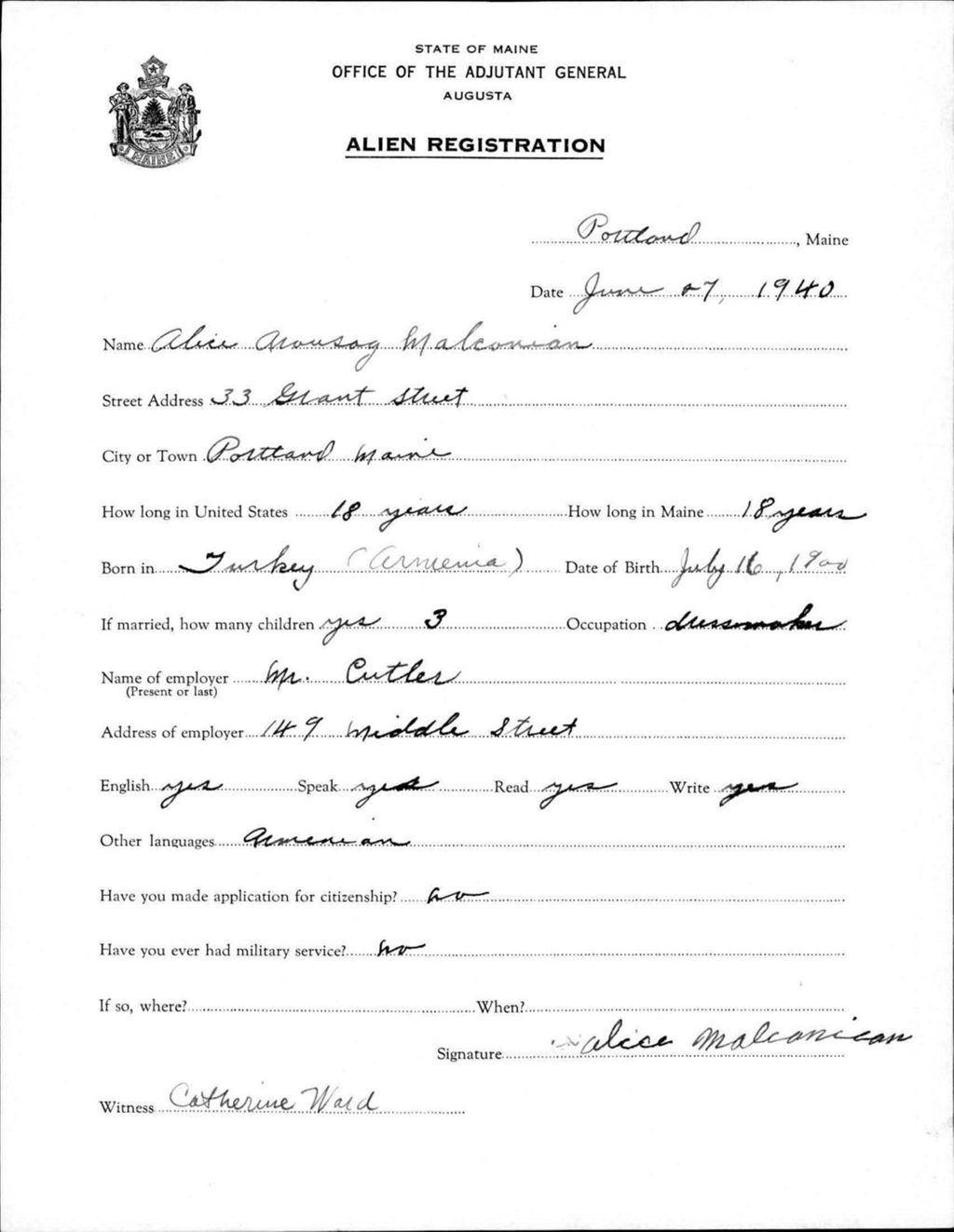 Miniature of Alien Registration- Malconian, Alice A. (Portland, Cumberland County)