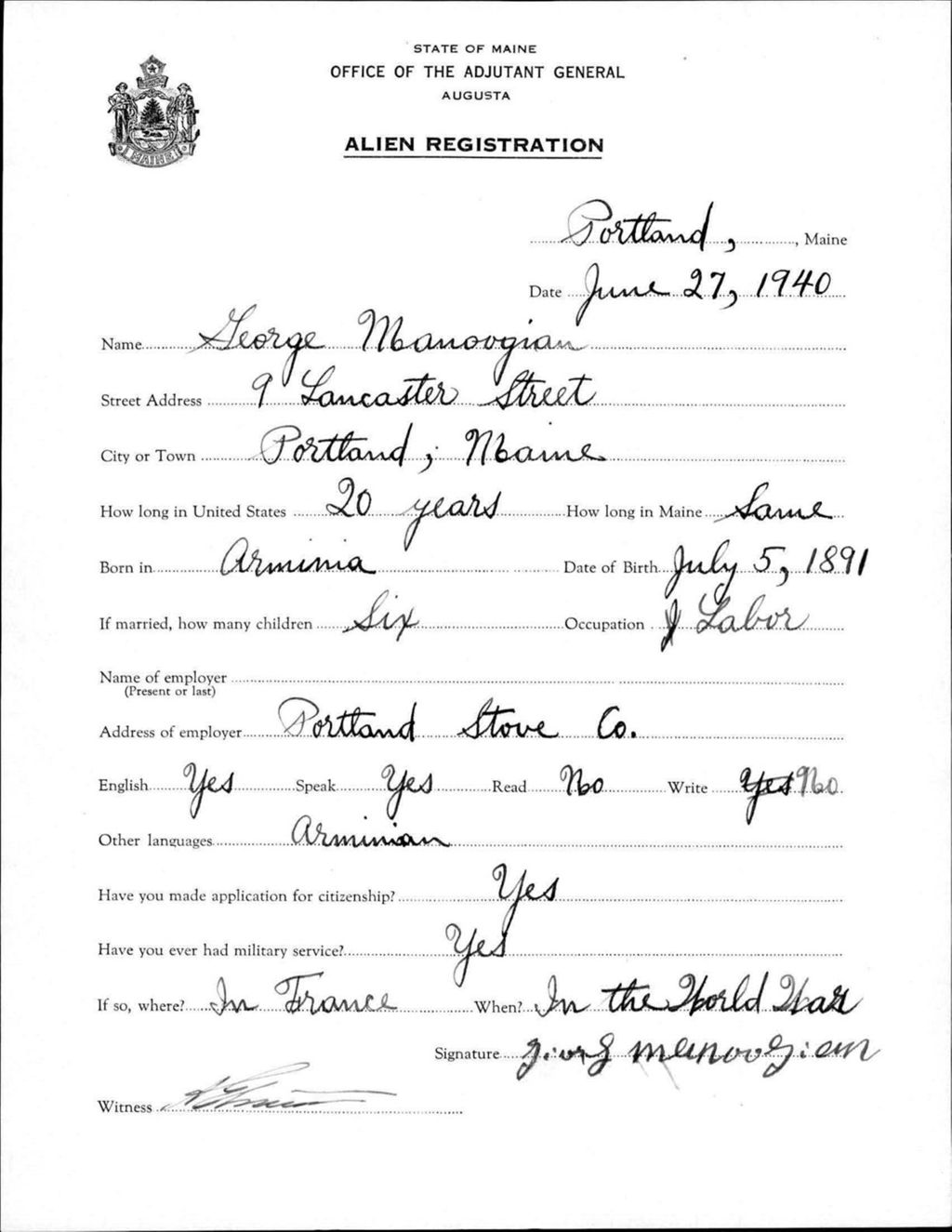 Miniature of Alien Registration- Manoogian, George (Portland, Cumberland County)