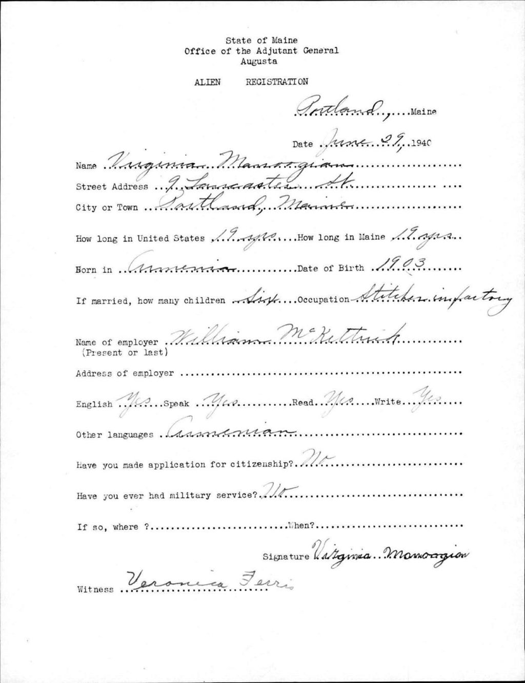 Miniature of Alien Registration- Manoogian, Virginia (Portland, Cumberland County)