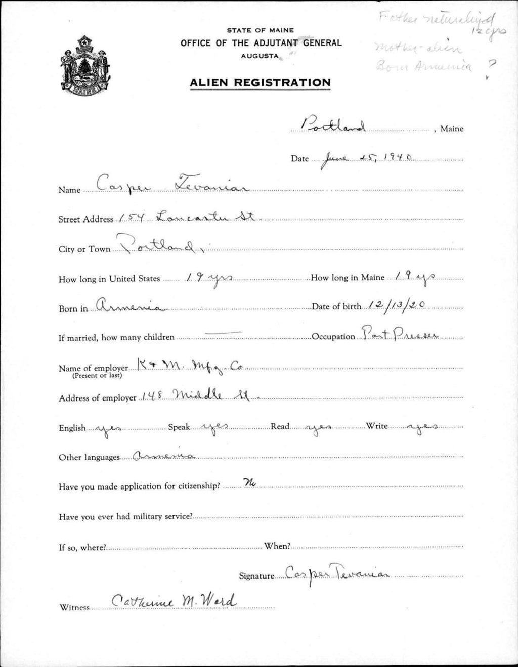 Miniature of Alien Registration- Tevanian, Casper (Portland, Cumberland County)