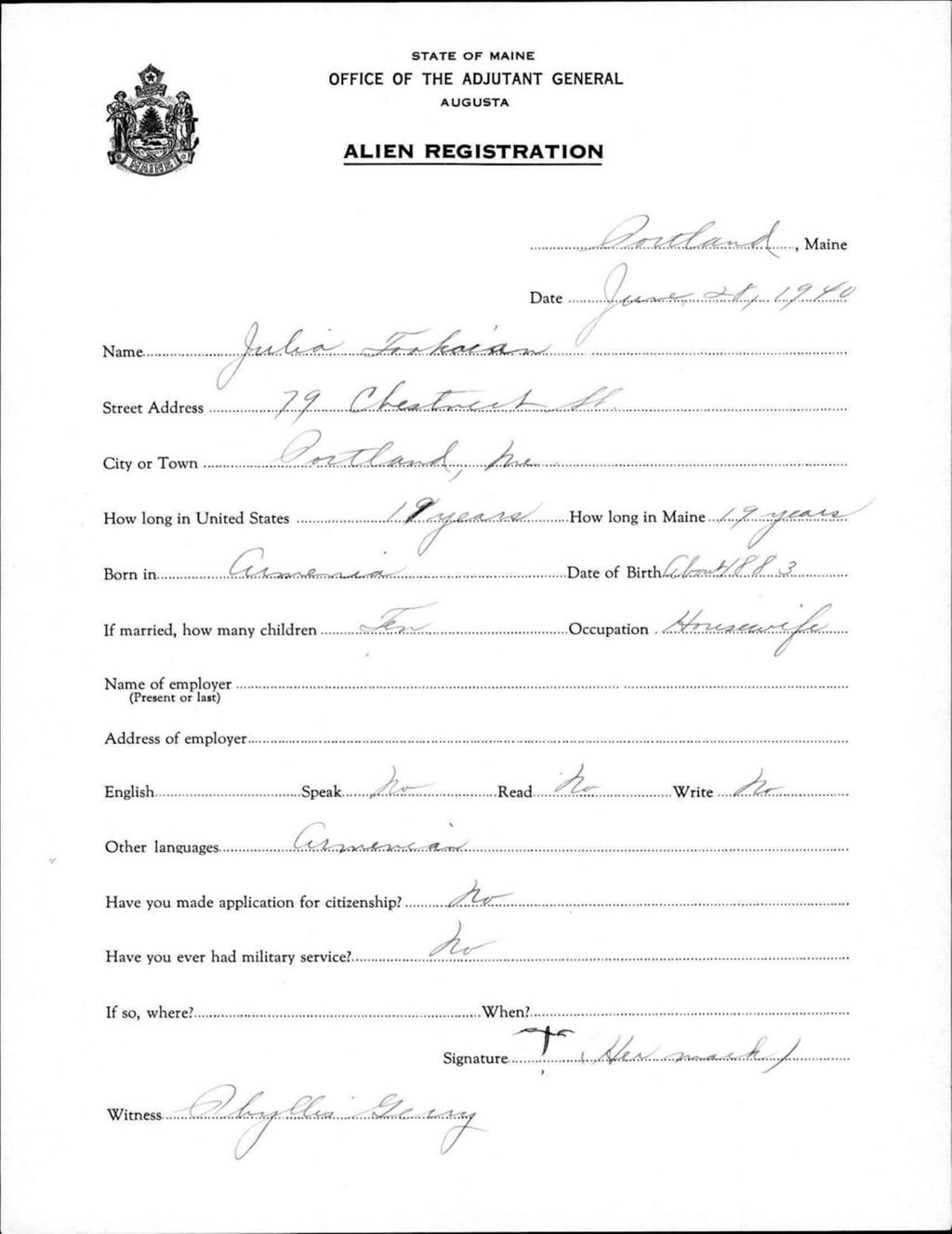 Miniature of Alien Registration- Tookarian, Julia (Portland, Cumberland County)