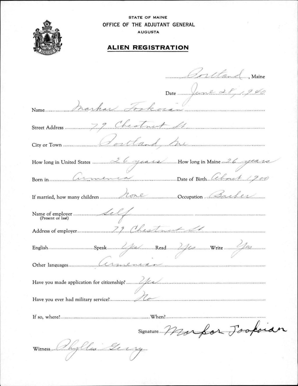 Miniature of Alien Registration- Tookarian, Markas (Portland, Cumberland County)
