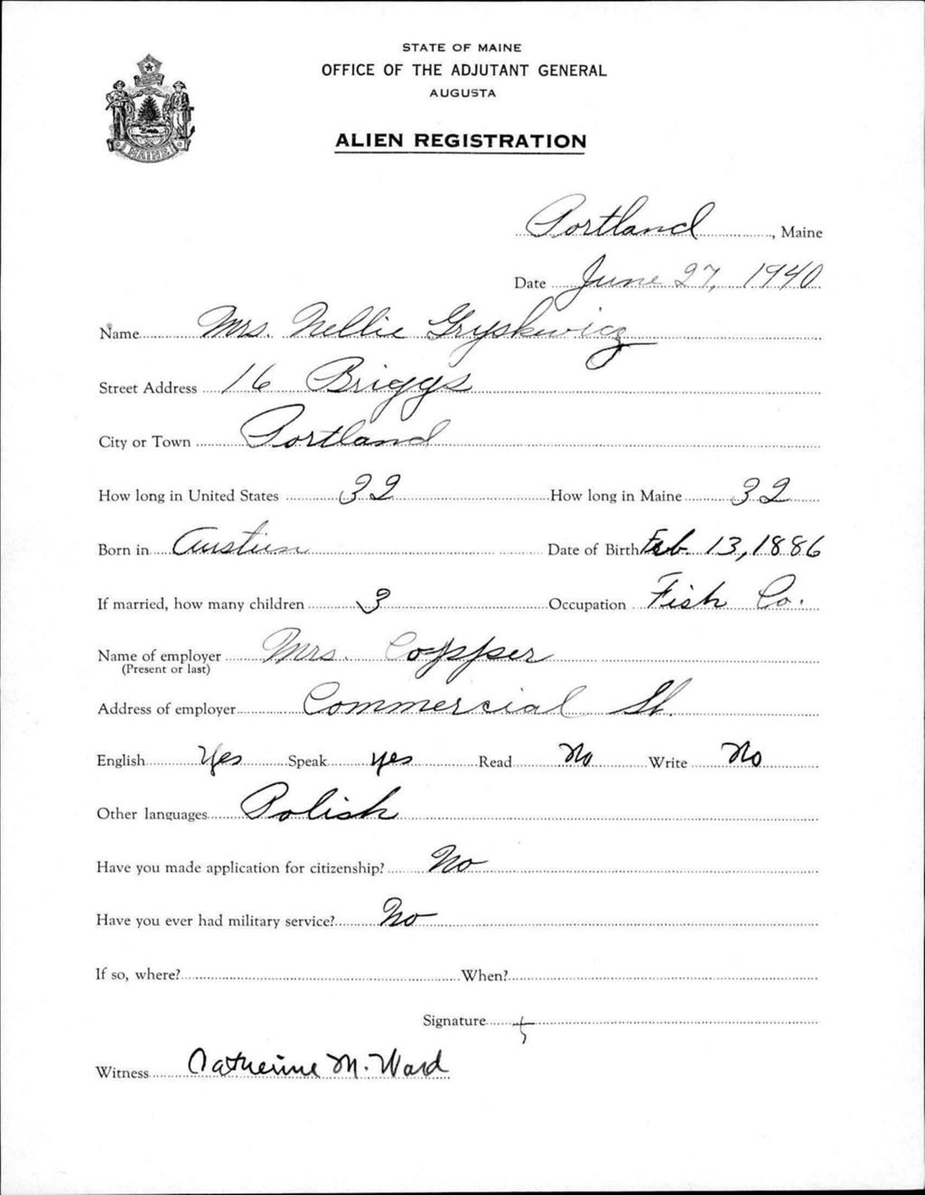 Miniature of Alien Registration- Gryskewicz, Nellie (Portland, Cumberland County)