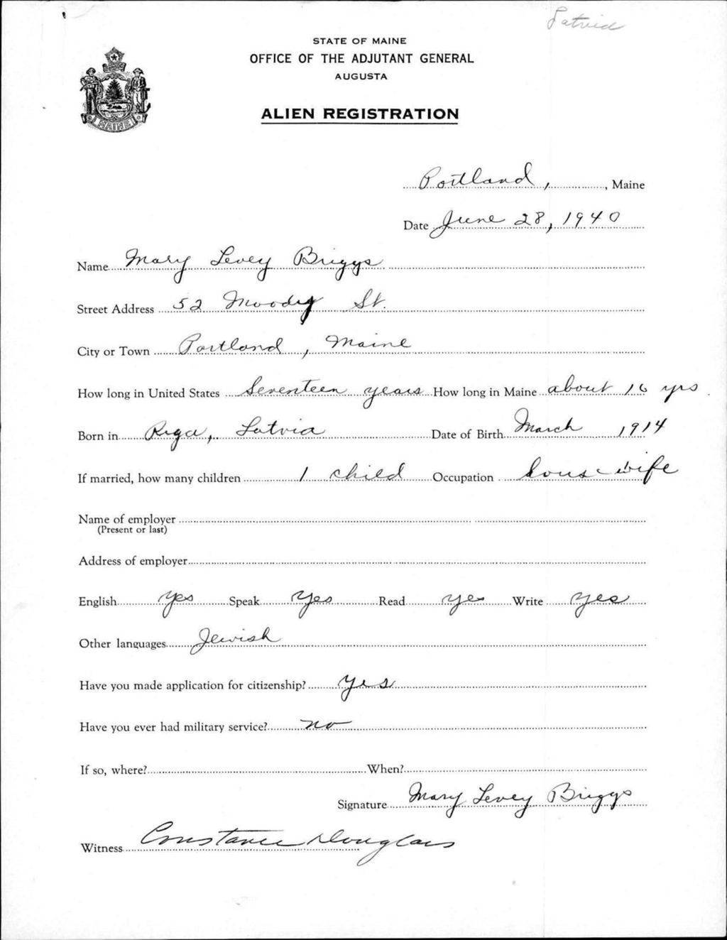 Miniature of Alien Registration- Levey, Mary (Portland, Cumberland County)