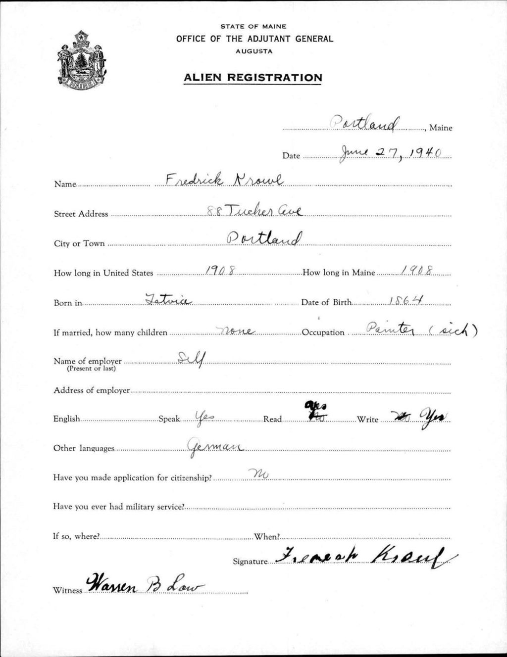 Miniature of Alien Registration- Krowl, Frederick (Portland, Cumberland County)