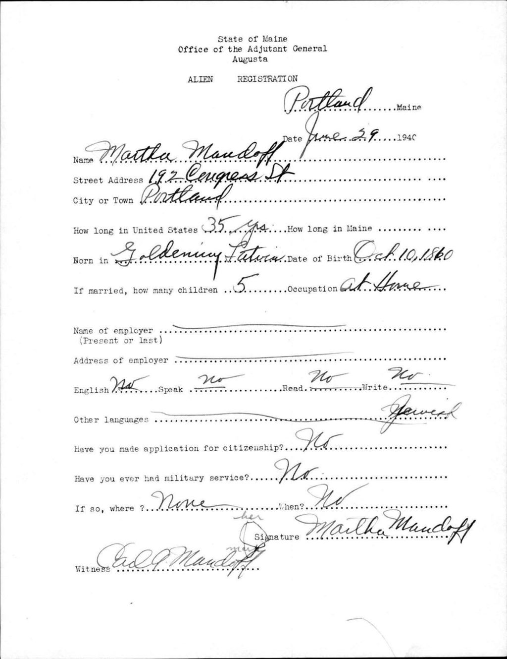 Miniature of Alien Registration- Mandoff, Martha (Portland, Cumberland County)