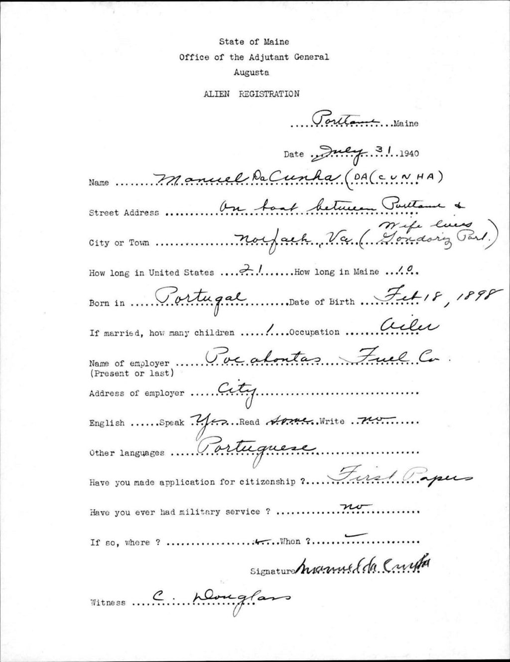 Miniature of Alien Registration- Da Cunha, Manuel (Portland, Cumberland County)