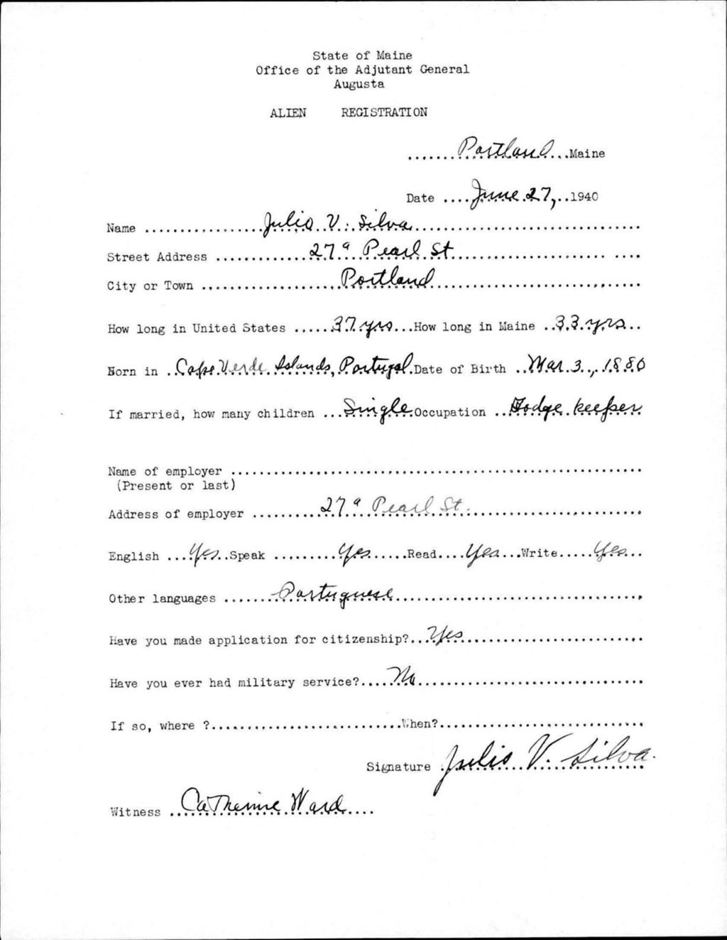 Miniature of Alien Registration- Silva, Julio V. (Portland, Cumberland County)