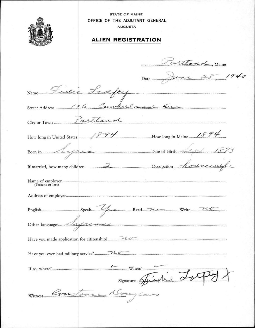 Miniature of Alien Registration- Lodfey, Fidie (Portland, Cumberland County)