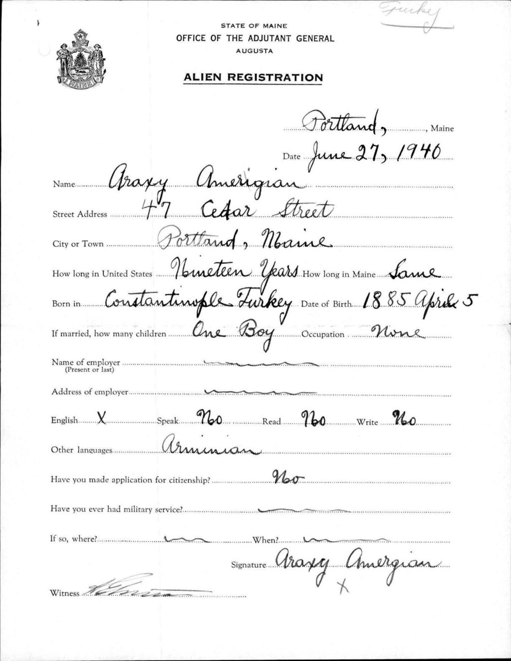 Miniature of Alien Registration- Amerigian, Araxy (Portland, Cumberland County)