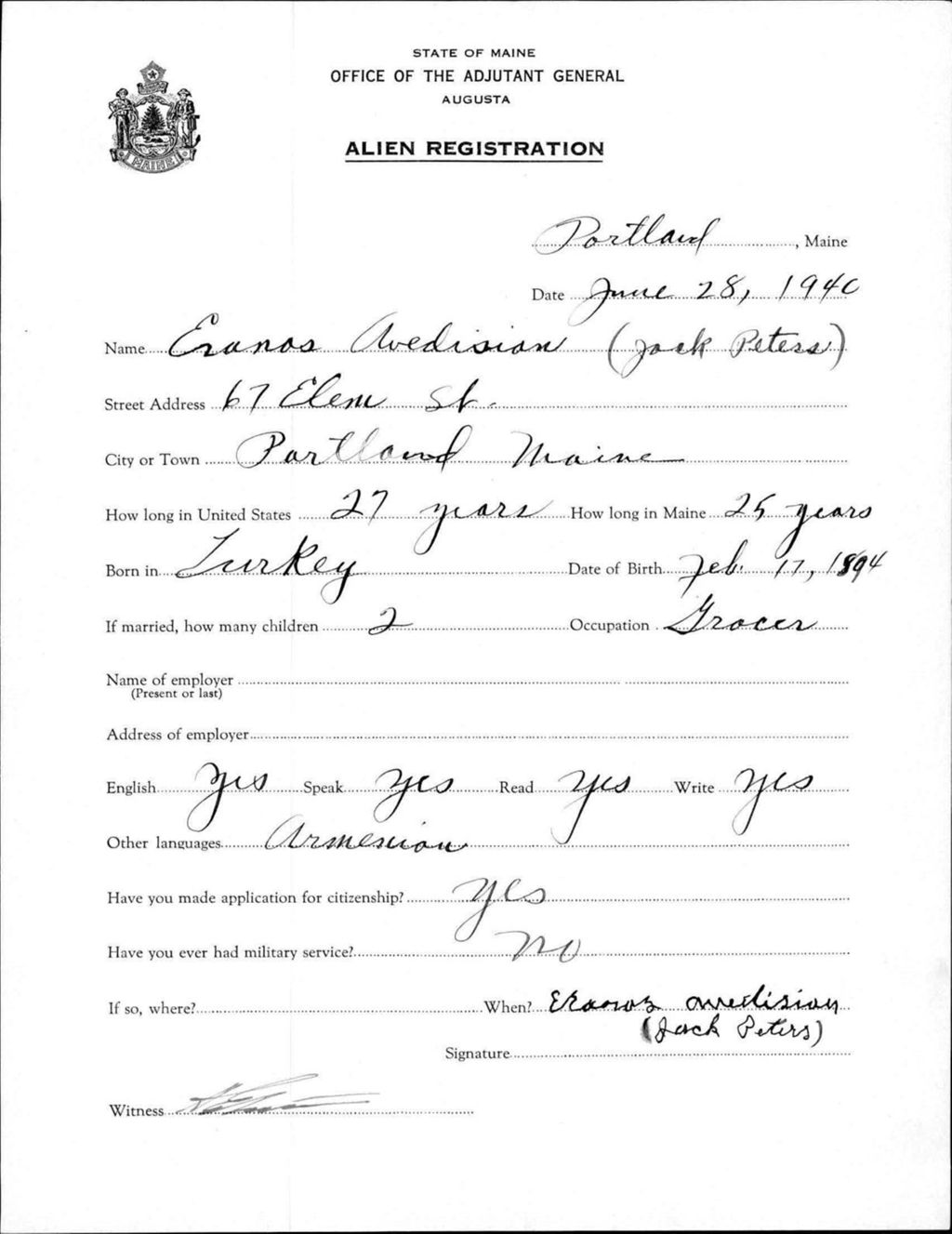 Miniature of Alien Registration- Avedisian, Ernos (Portland, Cumberland County)