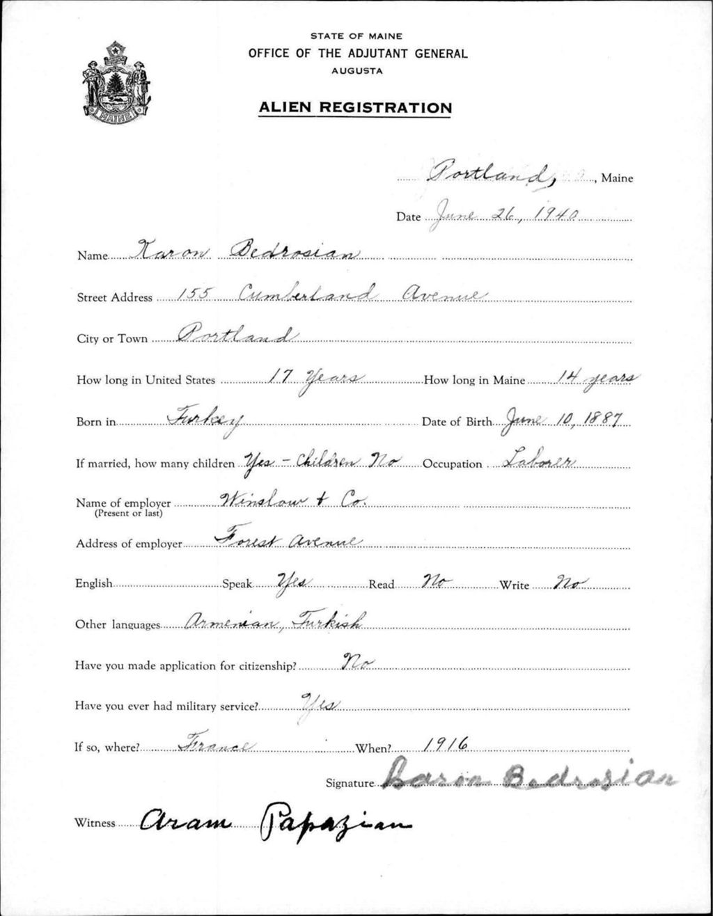 Miniature of Alien Registration- Bedrosian, Karon (Portland, Cumberland County)