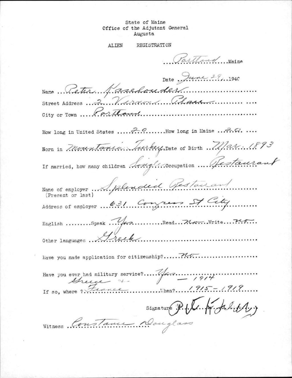Miniature of Alien Registration- Kaselouder, Peter (Portland, Cumberland County)
