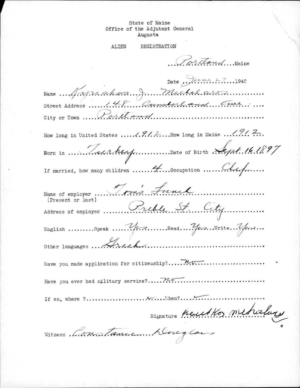 Miniature of Alien Registration- Michalaros, Kyriakos J. (Portland, Cumberland County)