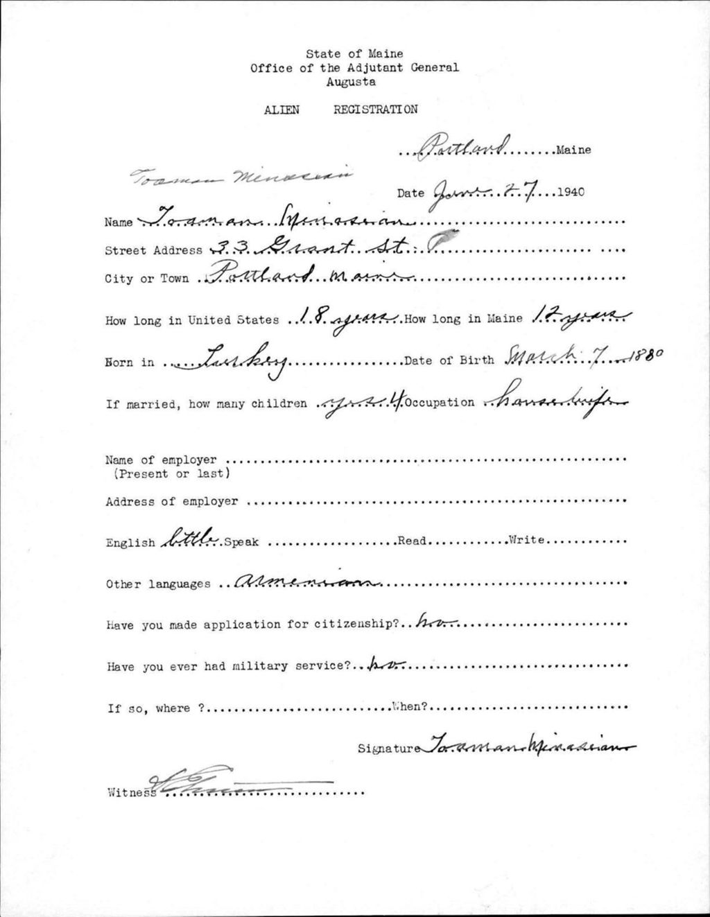 Miniature of Alien Registration- Minasian, Toaman (Portland, Cumberland County)